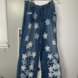 Fashion Nova Blue Star-Embellished Flare Jeans